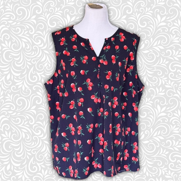 Talbots Woman Floral Sleeveless Top - Black with Red Roses or Raspberries Sz 3X - Picture 1 of 7